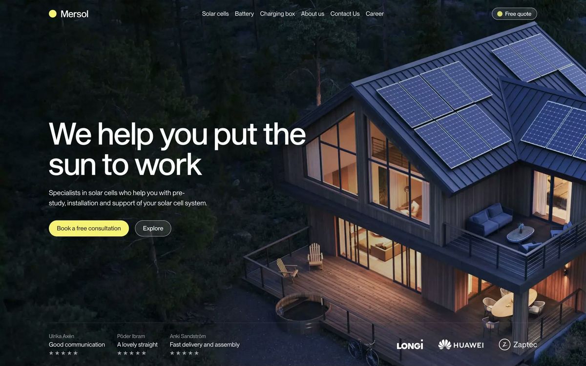 Premium solar brand landing page — Mersol hero with cabin photography